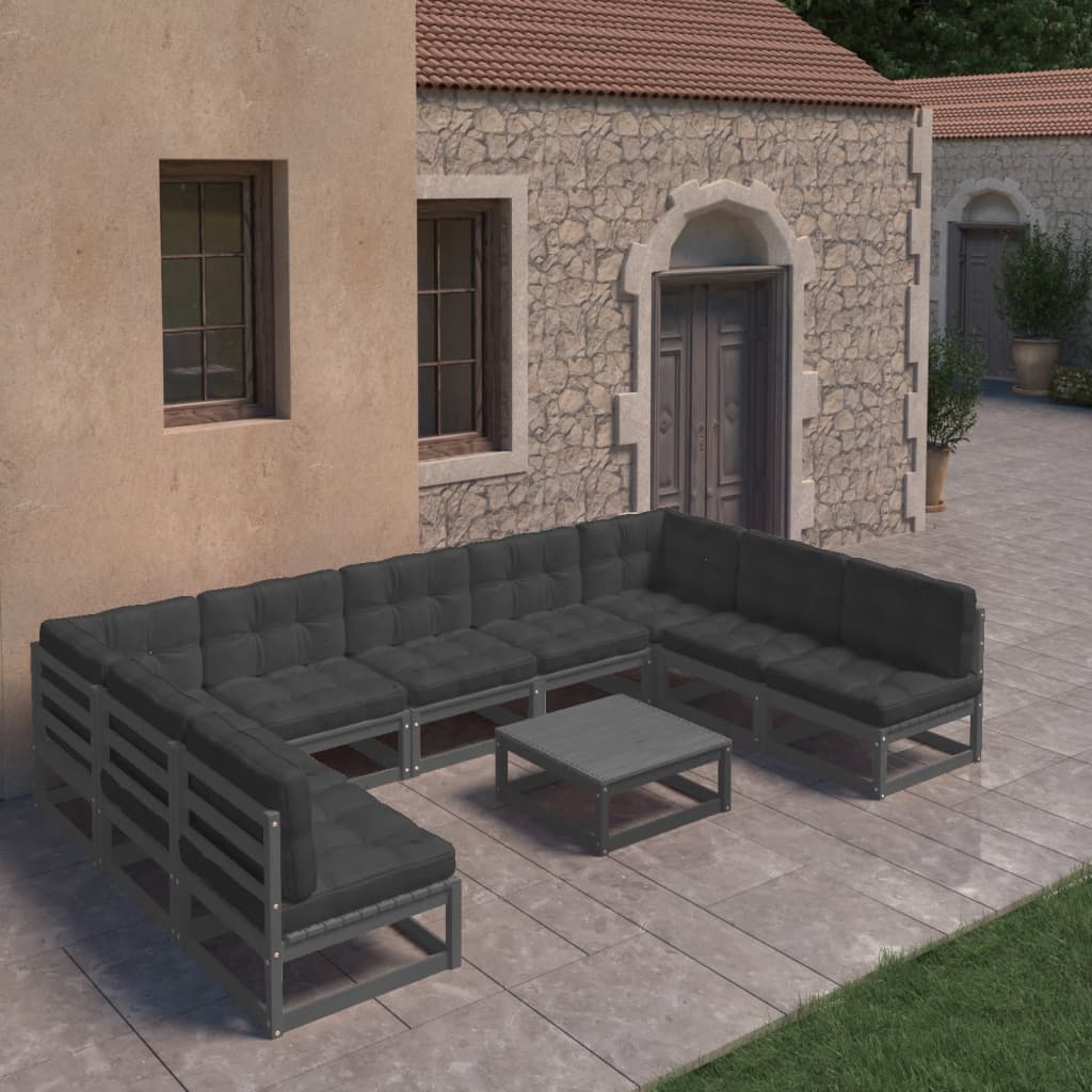 10-tlg. Garten-Lounge-Set mit Kissen Schwarz Kiefer Massivholz